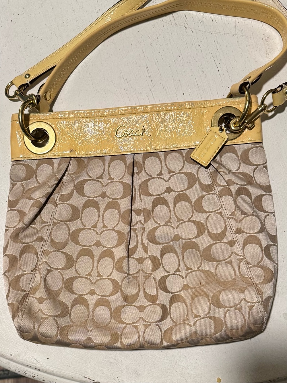 Coach Cream and Yellow Shoulder Bag with Signature Monogram